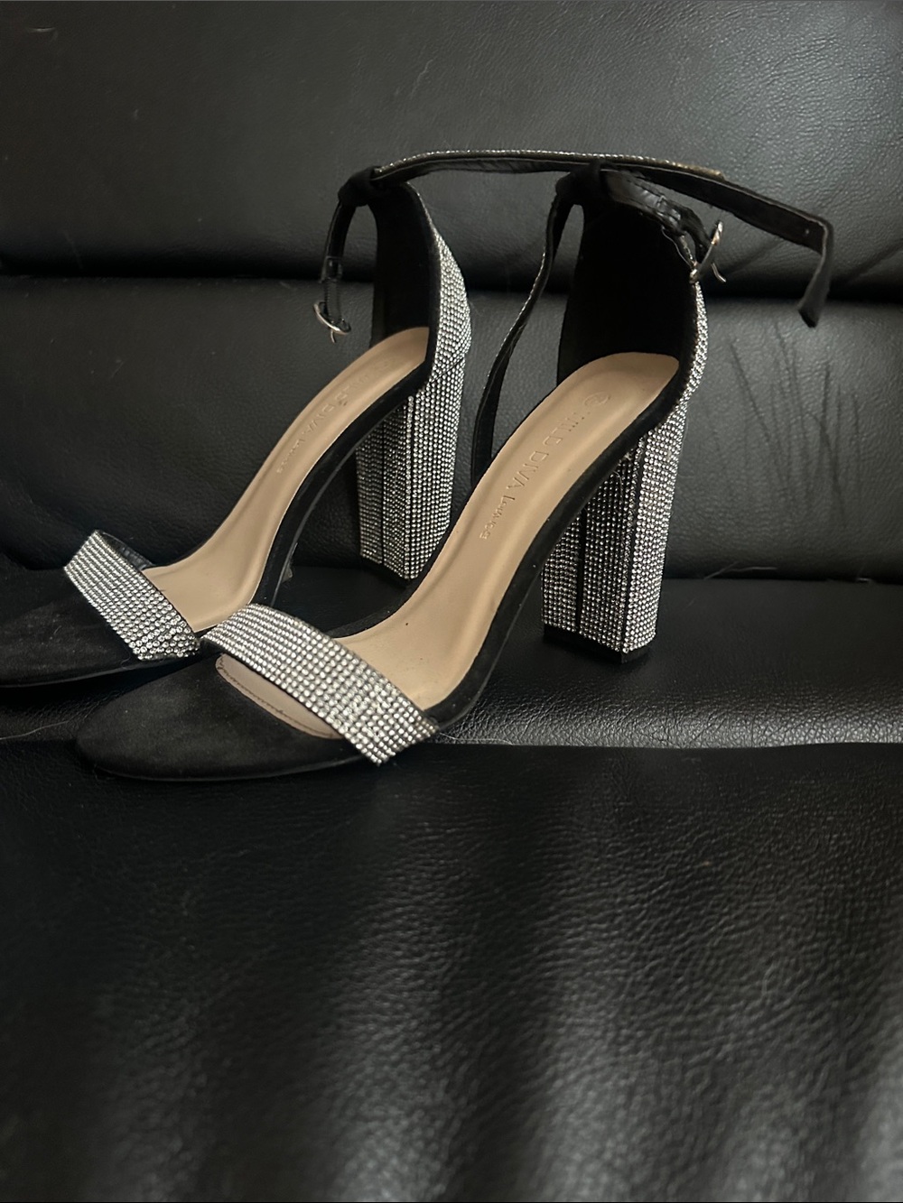 Crystal-Embellished Black Block Heel Sandals with Ankle Strap